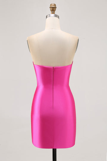 Sparkly Fuchsia Strapless Beaded Bodycon Short Cocktail Dress with Slit